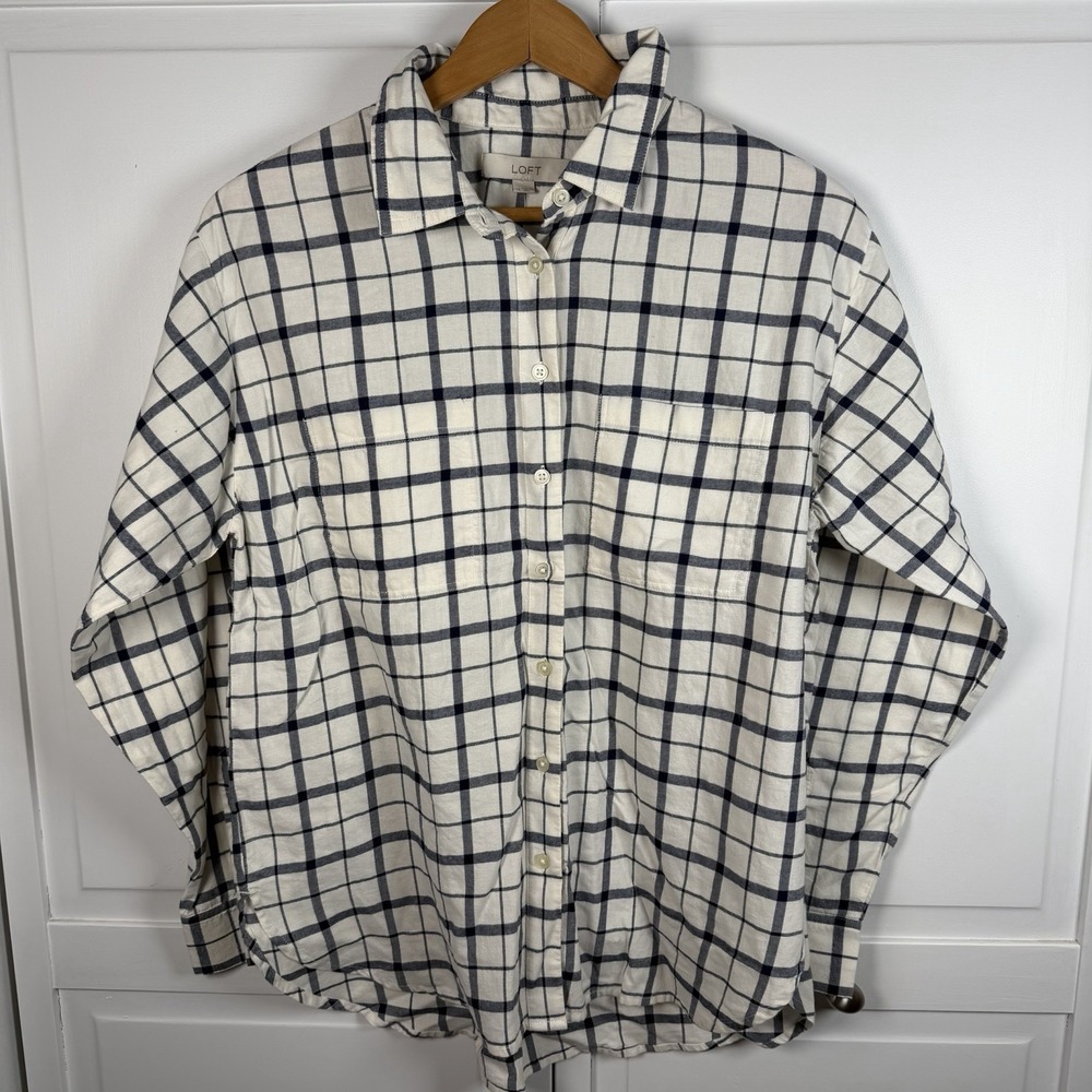 Loft Women's‎ New Plaid Long Sleeve Flannel Button Up Navy Cream Soft Cotton M